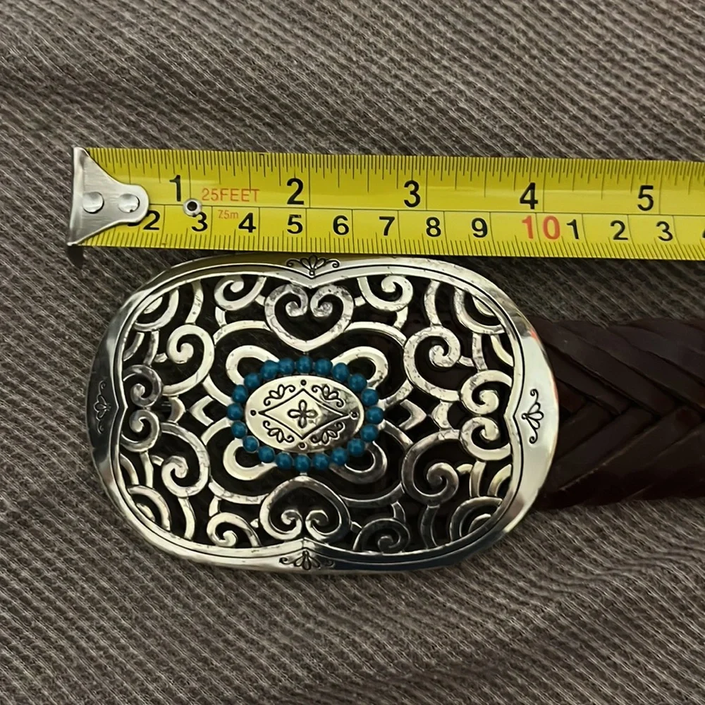 Brighton • large buckle woven leather belt. One Size